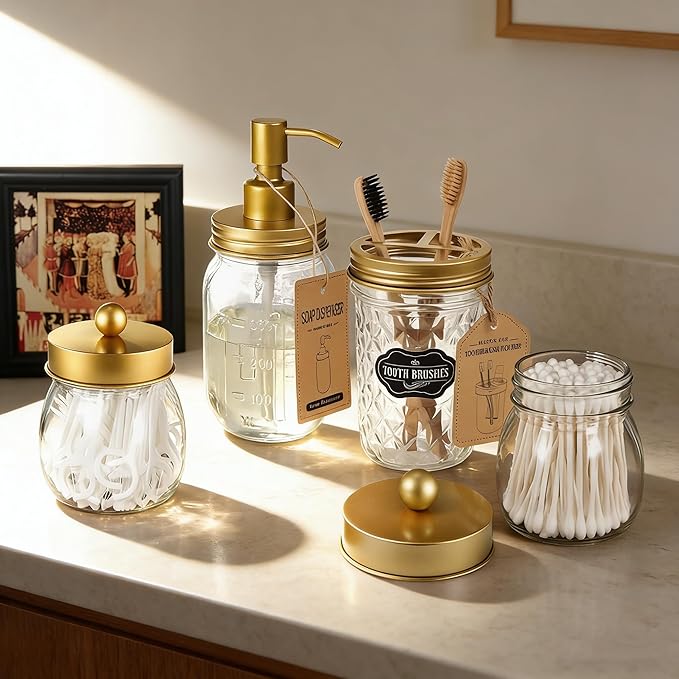 Amolliar Mason Jar Liquid Soap Dispenser -Rustproof Stainless Steel Farmhouse Decor for Bathroom Vanities,Kitchen Sink/ Liquid Soap Pumps for Hand Soap,Dish Soap,Lotions/Golden -2 Pack