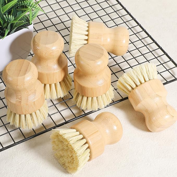 6 Pcs Bamboo Dish Brush, Wooden Kitchen Dish Brushes Natural Sisal Bristle Scrubber for Pots, Pans, Bowls, Dishes Cleaning