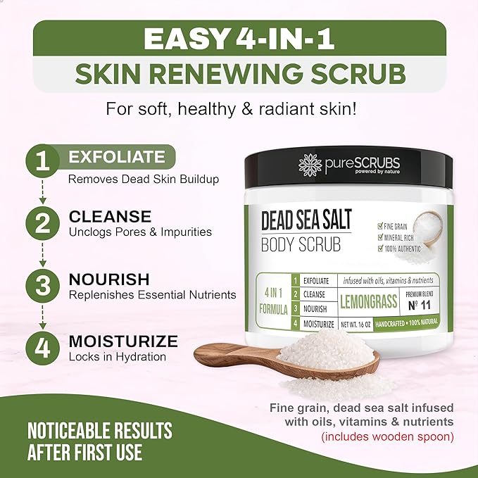 pureSCRUBS Premium Lemongrass Dead Sea Salt Body Exfoliator Scrub, Full Exfoliating Body Scrubber - Large 16oz Jar, Filled With Essential Oils, Includes Spoon, Loofah & Exfoliating Skin Soap