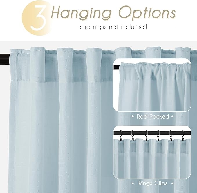 Sky Blue Curtains 102 inch Length for Bedroom Back Tab Light Filtering Semi Sheer Blue Living Room Curtains Linen Cotton Textured Drapery Panel Aesthetic Decor Light Blue 52x102