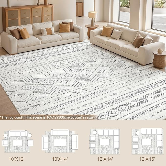Tortania Area Rug Living Room Rugs- 10x12 Washable Large Soft Neutral Boho Moroccan Bohemian Farmhouse Rug Indoor Floor Carpet for Bedroom Under Dining Table Home Office Decor - Beige Gray