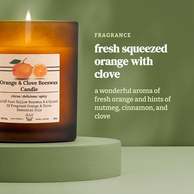 Orange Clove Organic Beeswax Candle, 14 oz | 2 Ingredients | 100% Pure Beeswax Candles, Non Toxic, Natural, Essential Oil Scented, Jar, 80 Hour