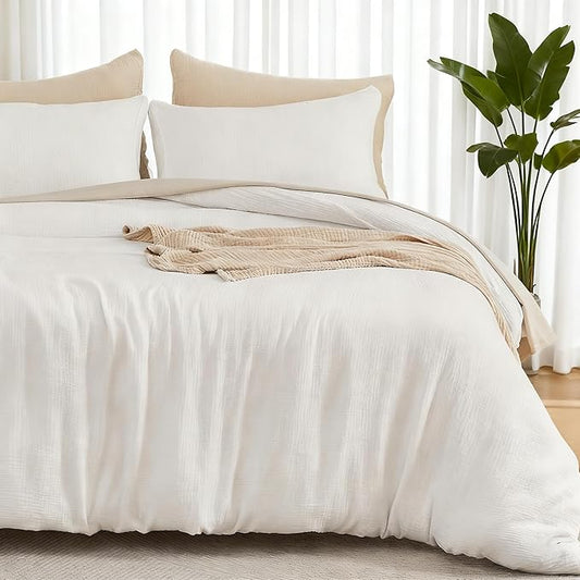 EMME Cream White Muslin Duvet Cover Queen Size, 100% Cotton Soft Gauze Bedding Set with 2 Pillowcases, Breathable Lightweight All Season Comforter Cover with Zipper & Corner Ties, 90"x90"