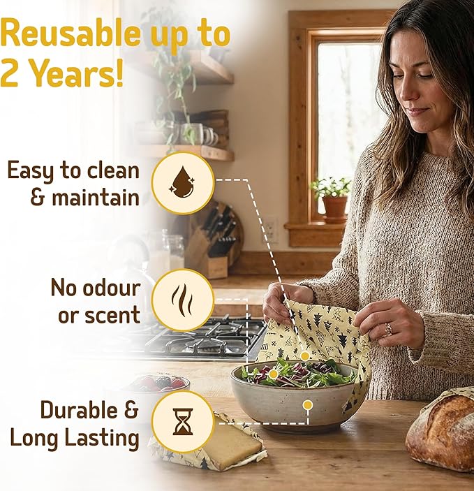 SUPERBEE Reusable Beeswax Wraps for Food – XL Beeswax Wrap Roll (35x13"), Bees Wrap Paper for Wrapping Cheese, Veggies, Sandwiches & Bowl Covers, Festive Holiday Print, Sustainable Gift Idea