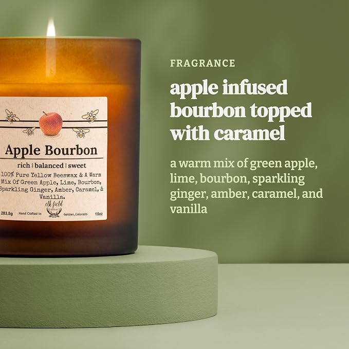 Apple Bourbon Organic Beeswax Candle | 2 Ingredients | 100% Pure Beeswax Candles, Non Toxic, Natural, Organic Candles, Beeswax Candles Scented, Non Toxic Candles, 80 Hour, 14oz