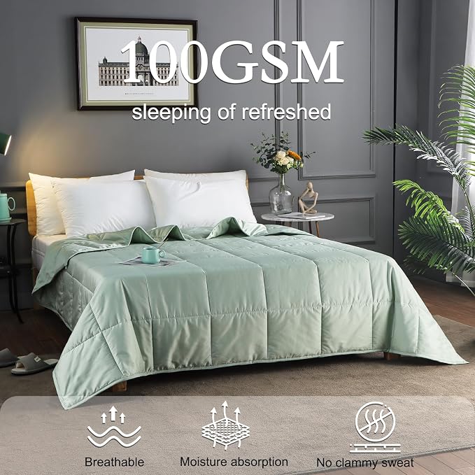 YOUR MOON Lightweight Wool Comforter Twin Size, 100% Australian Lamb Wool Filling Duvet Insert, 100GSM, Breathable & Thin Summer Comforter for Hot Sleepers, Soft Noiseless Cotton Shell(Green)