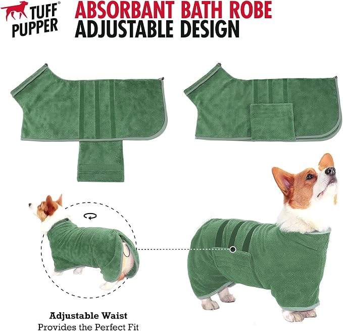 Tuff Pupper Fast Drying Dog Bath Robe | 800 GSM Plush Dog Towel Bathrobe/Dressing Gown | Super Absorbent Pet/Puppy Bathrobe | Adjustable Hood & Belly Strap | Super Soft | Fast Drying (XL, Green)