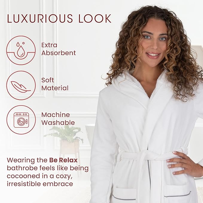 Be Relax Bathrobe for Women - Full Length Terry Cotton Robe with Shawl Collar and Hood, Warm and Cozy Robe with Belt & Pocket