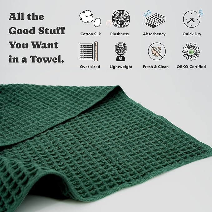 Luxury Organic Japanese Cotton Waffle Bath Towel | Thick, Absorbent, Quick Dry Bathroom Towels for Shower, Sauna, Onsen| Hotel & Spa Quality, Gift-Ready (Forest Green, Bath Sheet Set (3-Piece))