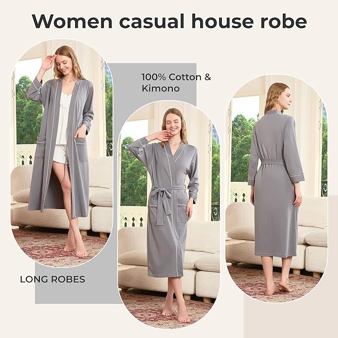 HEARTNICE Womens 100% Cotton Robe, Soft Kimono Spa Long Bathrobe Lightweight Loungewear