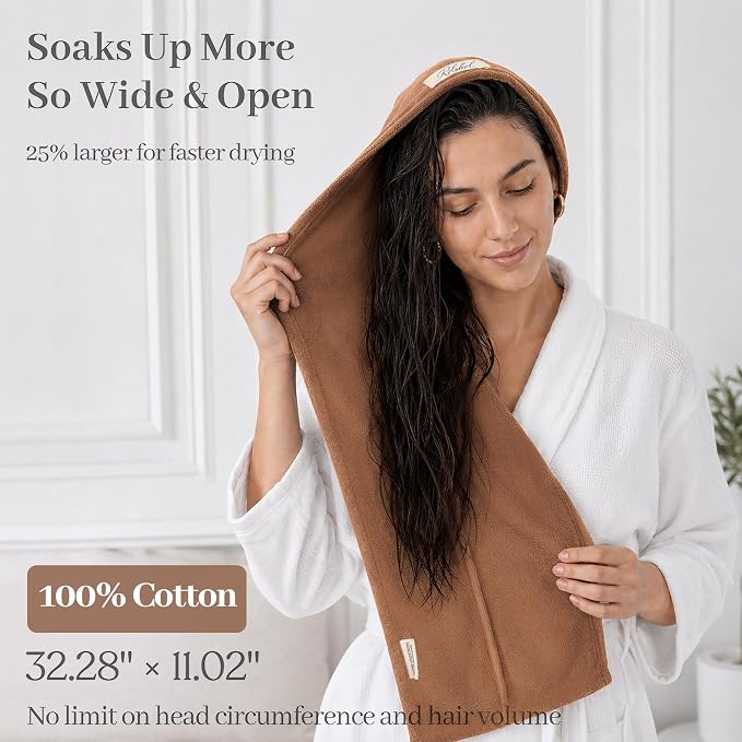 ROLSHOL Cotton Hair Towel Wrap for Women, 2 Pack 100% Cotton Hair Drying Towels for Long, Thick & Curly Hair, 32" x 11" Large Hair Turban for Wet Hair with Elastic Band (Dark Brown)