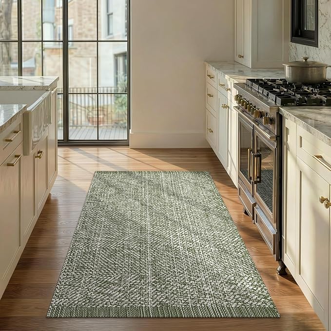 LEEVAN Washable Kitchen Rugs 3x5, Green Bedroom Rug, Cotton Woven Entryway Rug, Modern Braided Door Mat, Farmhouse Living Room Rugs, Reversible Carpet for Laundry Room Front Porch Outdoor Doormat