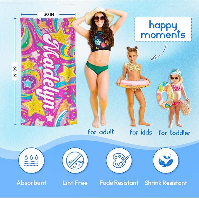 JML Custom Beach Towel with Name, Personalized Microfiber Beach Towel with Name, Large, Soft, Quick Dry & Absorbent for Swim, Pool,Adult,Summer Holiday,Vacation,Travel,Gift for Anniversary, Birthday