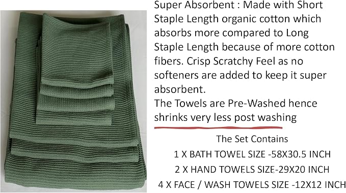 Organic Cotton Bath Towel Set Waffle, GOTS Certified (Forest Green) Super ABSORBANT & Quick Dry, NO SOFTENERS, Environment Friendly, 1xBATH58x30.5, 2xHAND29x20, 4xFACE12x12INCH