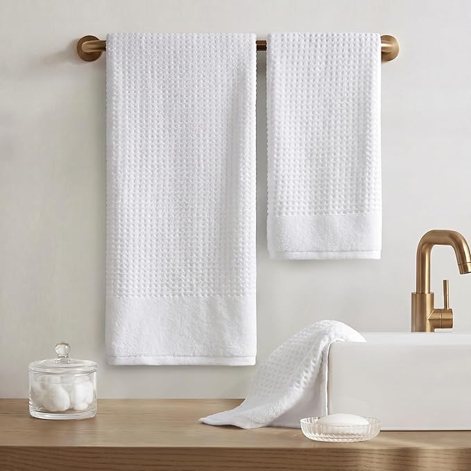 Madison Park Spa Waffle 100% Cotton Luxurious Towel Set, Premium Texture Waffle Weave, Highly Absorbent, Quick Dry, Hotel & Spa Quality Wash Clothes for Bathroom, Assorted Sizes, White 6 Piece