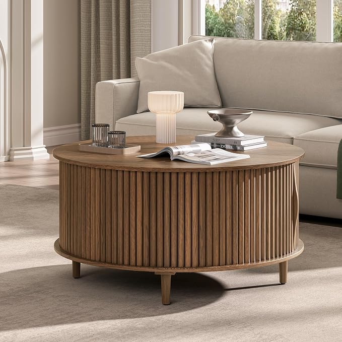 JOINICE 31.5" Round Coffee Table with Storage for Living Room, Walnut | Hidden Storage,Fluted Sliding Door,Mid Century Furniture for Small Apartments,Solid Wood Legs,Easy Assembly,Up to 110 lbs
