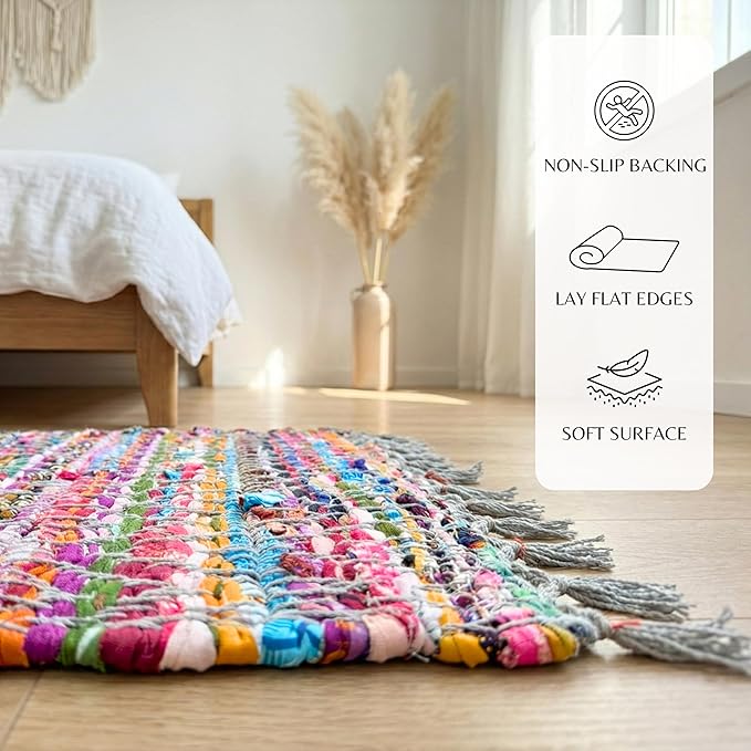 Cotton Diamond Chindi Rug 2x3 Feet - Multi, Bohemian Hand Woven Soft Recycled Decorative Floor Rag Rugs Ideal for Entryway, Kitchen, Nursay Room | Small Durable Colorful Door Mat for Home Décor