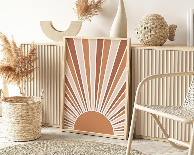 Y2K BOO Boho Rising Sun UNFRAMED Wall Art Sunburst Rays Earth Tones Terracotta Mid Century Modern 24x36 Inch Heavyweight Paper Minimalist Aesthetic Decor