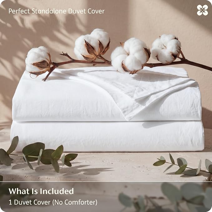 Bedsure Duvet Cover Queen Size - 100% Washed Cotton, Linen-Like Minimalist Bedding - PureWoven Plain Soft Comforter Cover for All Seasons, 1 Duvet Cover Only (Bright White, 90" x 90")