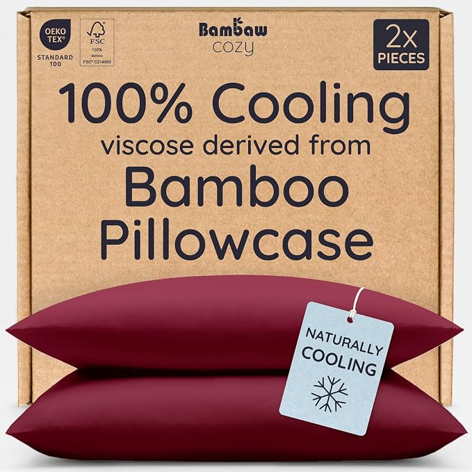 Bambaw 100% Viscose Derived from Bamboo Pillow Cases Queen Size Set of 2, Cooling Pillow Cases Queen Size, Breathable & Anti Acne Pillow Cases, Luxury Pillow Cases with Envelope Closure (Burgundy)