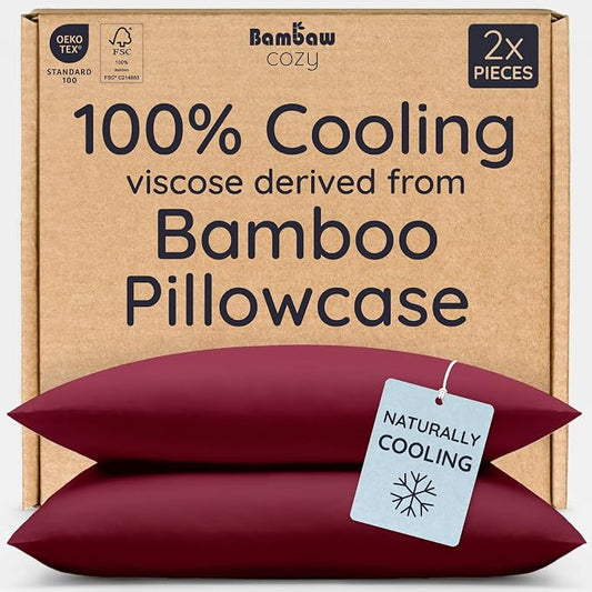 Bambaw 100% Viscose Derived from Bamboo Pillowcases Standard Size – Set of 2 Cooling Pillow Cases for Hot Sleepers with Envelope Closure, Breathable & Super Soft Pillow Cases Standard Size (Burgundy)