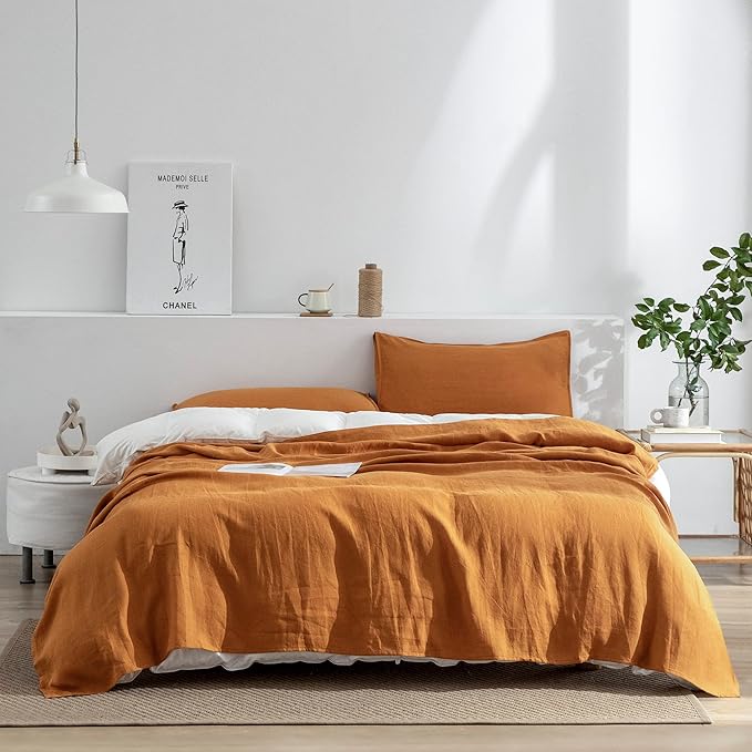 EVERLY Linen Sheets Set King Size, 100% French Stonewash Pure Linen, 4 Pieces (1 Flat Sheet, 1 Fitted Sheet, 2 Pillowcases), Deep Pocket, Natural Bedding Set - Caramel