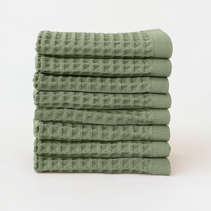 Waffle Washcloths Set of 8 Sage Green - Premium Quality 100% Turkish Cotton Face Washcloth, Soft Makeup Towel, Shower Cloth, Kitchen Towel (Sage, Set of 8 Washcloths)
