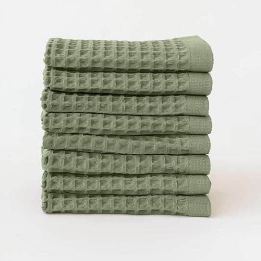 Waffle Washcloths Set of 8 Sage Green - Premium Quality 100% Turkish Cotton Face Washcloth, Soft Makeup Towel, Shower Cloth, Kitchen Towel (Sage, Set of 8 Washcloths)