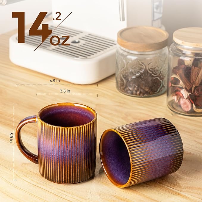 theterra Ceramic Coffee Mugs Set of 6, 14.2oz Handmade Coffee Cups with Handle for Latte, Tea, Milk, Beer, Hot Cocoa, Amber Amethyst