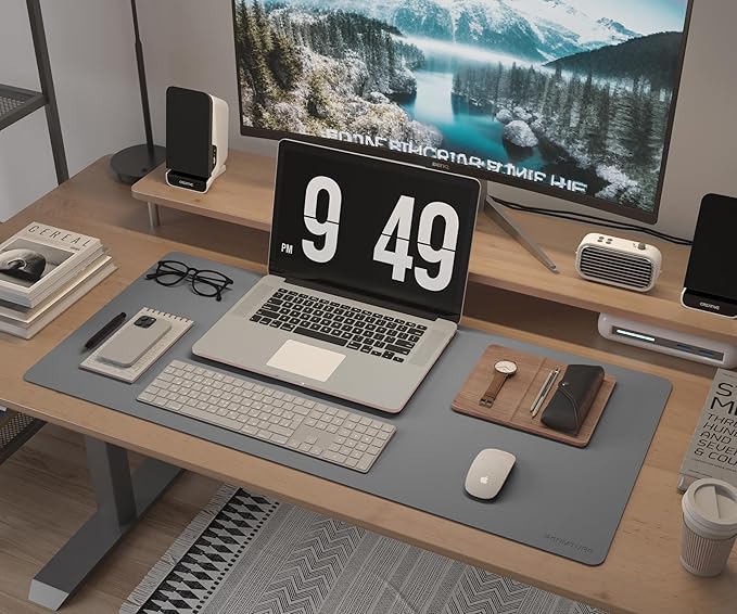 RENMTURE Desk Pad, Cork & PU Leather Desk Mat, Large Mouse pad, Non-Slip Desk Protector and Blotter, Waterproof Writing Pad, Desk Accessories and Organizers for Work(Space Grey, 23.6" x 13.7")