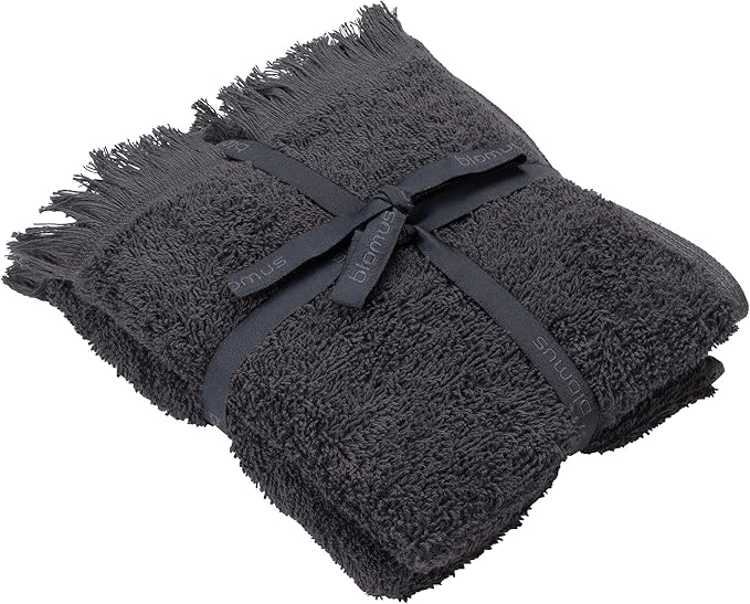 Blomus FRINO Fringed Organic Cotton Terry Guest Hand Towels 12 x 20-2pcs - Magnet (Charcoal)