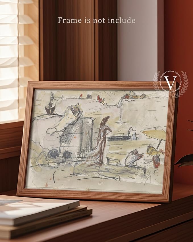 Vodefoad Vintage Abstract Landscape Neutral Sketch Print, Minimalist Watercolor & Pencil Wall Art, Modern Beige Line Drawing Interior Office Decor, Antique Neutral Oil Painting Vintage Art Pictures for Bedroom Bathroom Decor - 8x10Inch Unframe