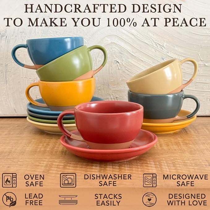 MORA Ceramic Latte Art Mug With Saucer - 10.5 oz, Round Bottom For Perfect Pours - Cafe Cups for Cappuccino, Espresso, Coffee, Tea etc - Porcelain Set for Baristas, Great Gift - Crimson Red