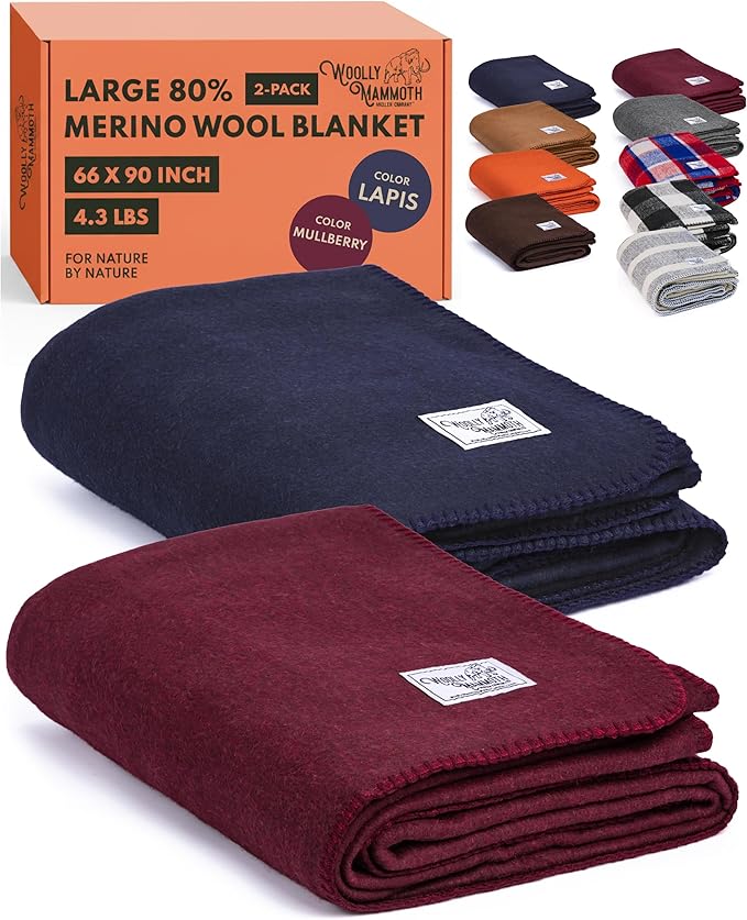 Woolly Mammoth 2-Pack Merino Wool Blanket, 66" x 90", Ocean & Mulberry | Temperature Regulating - Fire-Resistant - Warm Camping Blanket for Car Emergency Kits, Picnics, Summer Festivals and Stadiums