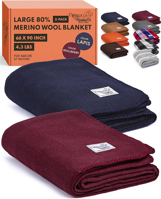 Woolly Mammoth 2-Pack Merino Wool Blanket, 66" x 90", Ocean & Mulberry | Temperature Regulating - Fire-Resistant - Warm Camping Blanket for Car Emergency Kits, Picnics, Summer Festivals and Stadiums
