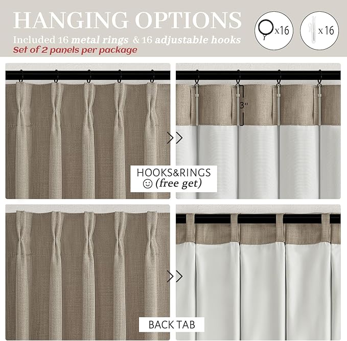 Burlywood Birch 70 Inch Extra Wide Blackout Curtains 120 Inches Long for Living Room, Memory Shape Pinch Pleated Insulated Noise Reducing Double Layer Heavy Linen Decorative Window Curtain 2 Panel Set