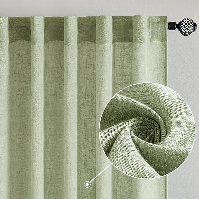 MIULEE Sage Green Linen Curtains 84 Inch Length 2 Panels for Bedroom Living Room, Soft Thick Linen Textured Window Drapes Semi Sheer Light Filtering Back Tab Rod Pocket Burlap Look Decor