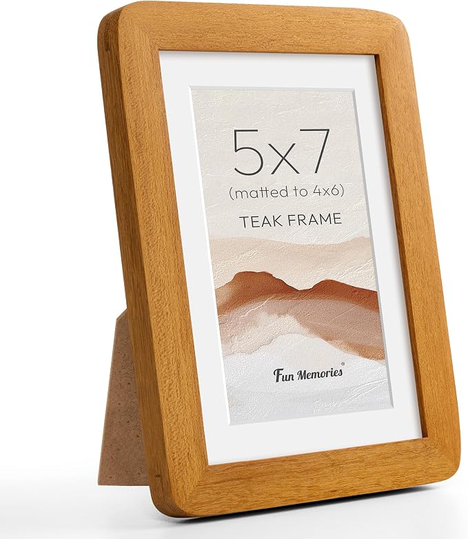 Fun Memories 5x7 Picture Frame - Solid Teak Wood Frame, 5x7 Photo Frame with Mat for 4x6, 5 By 7 Picture Frame with Tempered Glass & Rounded Corners, Tabletop and Wall Display, Natural Teak