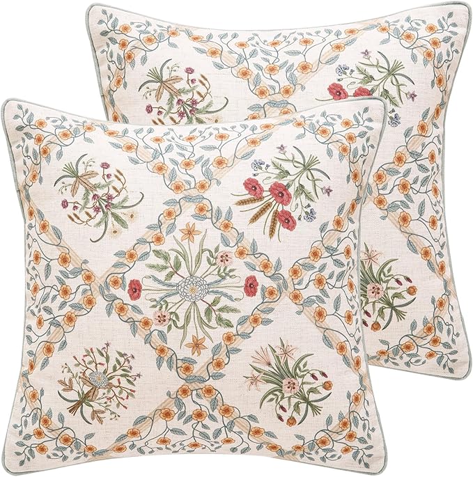 ISAENNE Design Linen Throw Pillow Covers 18"x18" Pack of 2, Square Farmhouse Cushion Covers with Red Pink Yellow Watercolor Wildflower Pattern Decor Pillowcases for Bed,Living Room,Outdoor,Car