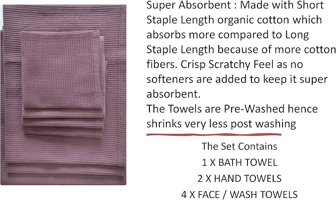 Bath Towel Set Waffle Organic Cotton GOTS Certified Burgundy Super ABSORBANT & Quick Dry NO SOFTENERS Environment Friendly 1xBATH 58x30.5, 2xHAND 29x20, 4xFACE 12x12INCH