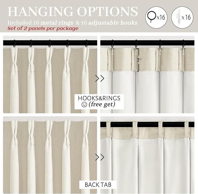 Memory Trained Pinch Pleated Blackout 86 Inch Bedroom Curtains 2 Panels Set, Ivory Beige Thick Linen Two Layer Insulated Sound Dampening Energy Efficient Nursery Window Drapes with Back Tab 40W x 86L