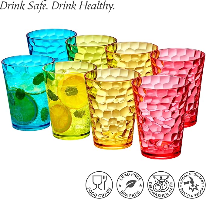 Amazing Abby - Iceberg - 16-Ounce Plastic Tumblers (Set of 8), Plastic Drinking Glasses, Mixed-Color Reusable Cups, Stackable, BPA-Free, Shatter-Proof, Dishwasher-Safe