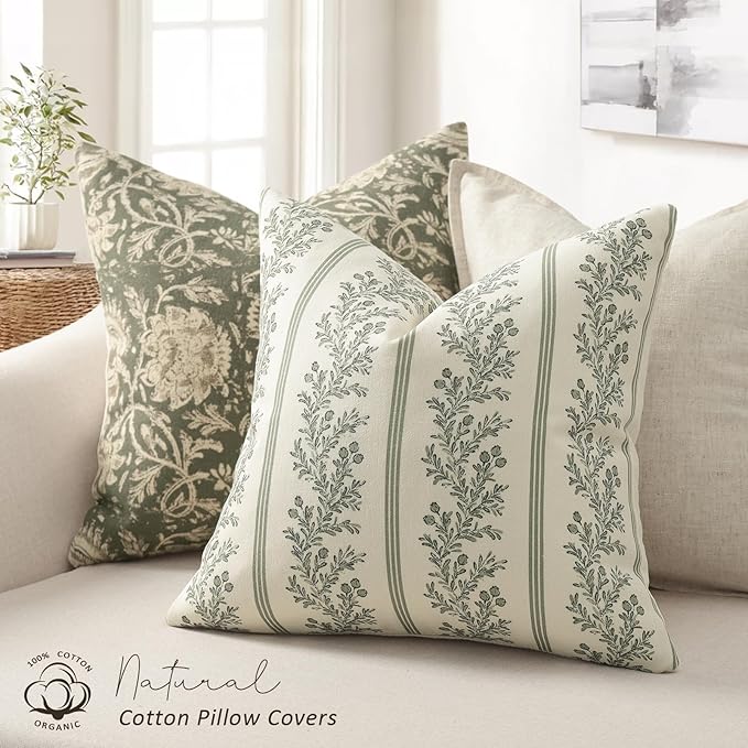Vintage Throw Pillow Covers 18x18 Set of 2, Striped Floral Pillow Cover Botanical Patterned Decorative Cushion Covers Modern Farmhouse Home Decor for Sofa Couch Bed Living Room, Moss Green