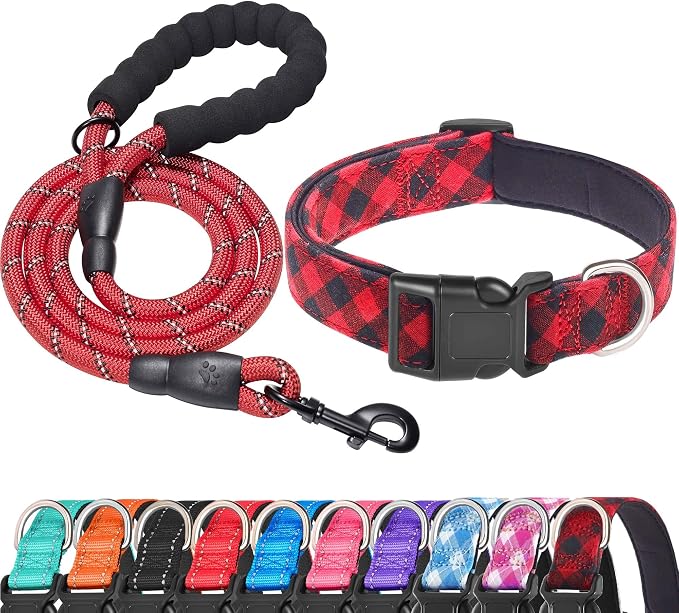Ladoogo Reflective Dog Collar Padded with Soft Neoprene Breathable Adjustable Nylon Dog Collars for Small Medium Large Dogs (Small (Pack of 1), Red Plaid Collar+Leash)