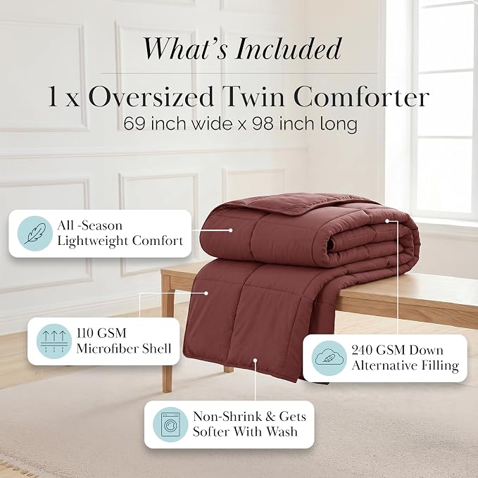 Southshore Fine Living, Inc. Twin XL Comforter / Duvet Insert, Down-Alternative Marsala Red Comforter Twin Size, Soft and Fluffy Comforters, Machine Washable, Pet Hair Resistant Bedding, Marsala