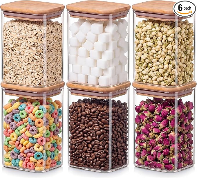 6-Pack 1.2Qt Rectangle Glass Storage Jars with Bamboo Lids | Minimalist Kitchen Organizer,Pantry Storage Container,Food Storage Container,Scandinavian Style Storage,Nordic Style Storage