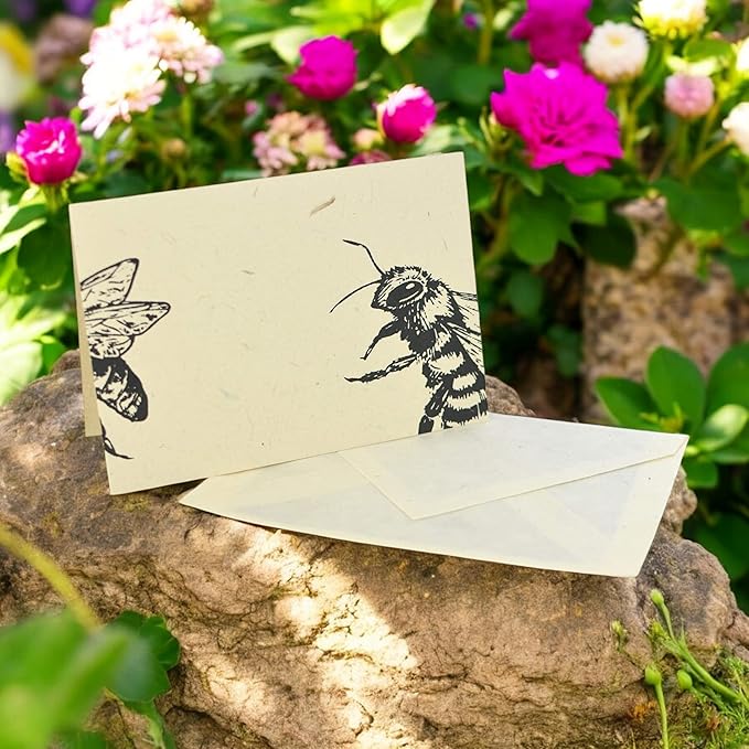 Kathmandu Valley Co. Nepali Cherish Greeting Card & Envelope Box Set with Handmade Lokta Paper from Nepal, 15 Cards (Bees)