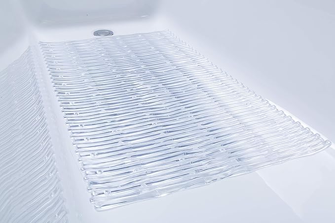 Bamboo Non-Slip Bath Tub Mat - Non-Toxic - Safe, Clean, Machine-Washable, Superior Grip & Drainage - Non-Slip Bath Mat - Vinyl - for Smooth/Non-Textured Tubs Only - Clear