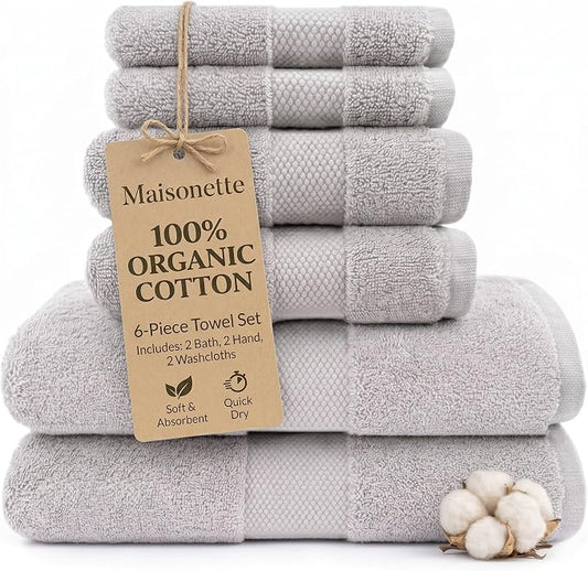 Maisonette Elegance 100% Organic Cotton Turkish Bathroom Towels Set, Ideal Quick Dry Luxury Washcloths, Hand & Large Luxury Bath Towels for Shower (6 Pack), Pewter