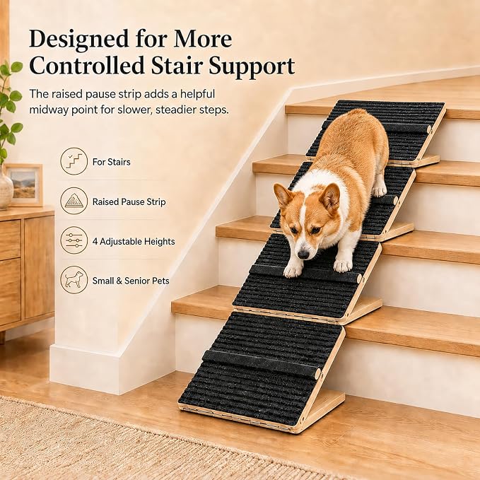 2 Pack Dog Ramp for Stairs – Solid Wood Adjustable & Foldable, 4 Heights, Non-Slip Silicone Base, Traction Felt, Raised Pause Strip, 35lb for Small & Senior Dogs